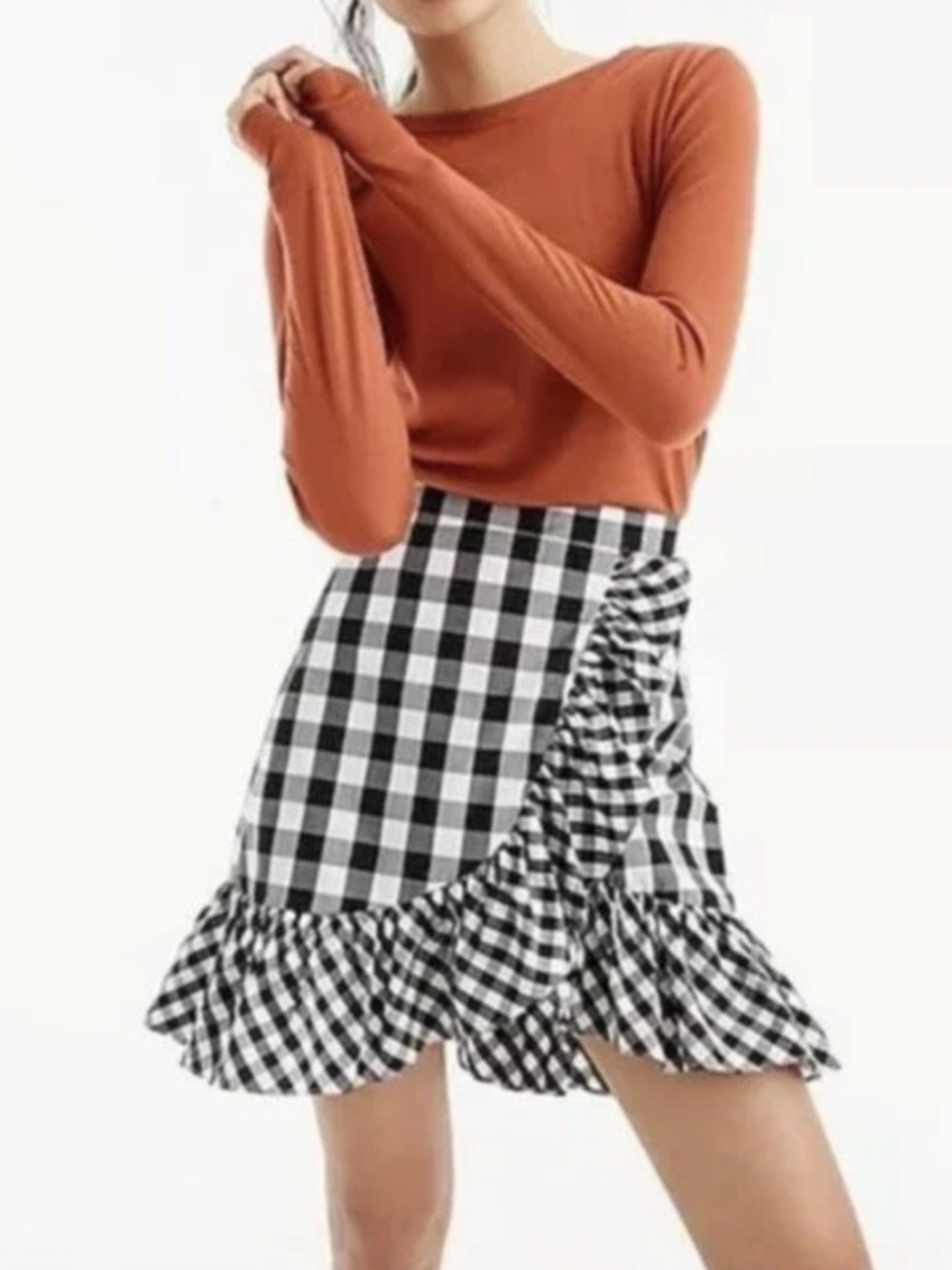 J. Crew Gingham Ruffle Faux-Wrap Mini Skirt 8 Preppy Cottagecore Feminine Summer